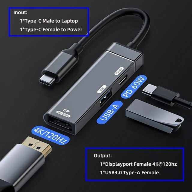 Alt view image 13 of 14 - Type-C to Displayport 4K@120hz & USB 3.0 OTG & Charger USB-C to Standard DP Converter Monitor Multiport Adapter with Female PD 60W Power Port