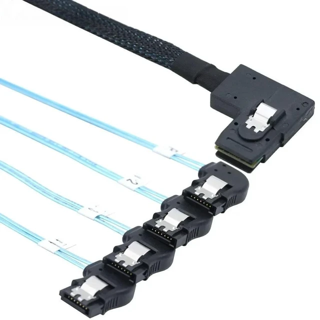 Alt view image 2 of 2 - SOEWIOU Mini SAS HD SFF-8087 Right-Angle to 4 SATA 7P Right-Angle Cable Internal Server Connections