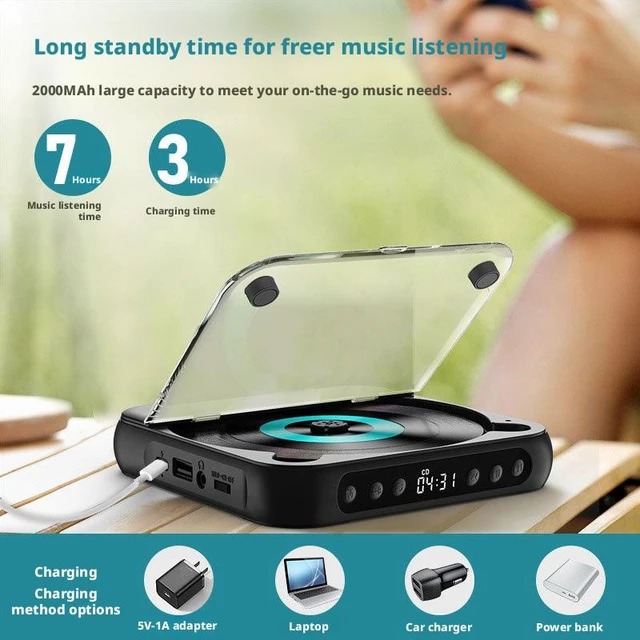 Alt view image 7 of 10 - SOEWIOU White Portable Hi-Fi CD Player, Ultra-Thin Walkman, Student English Listening Repeater, Portable CD Disc Music Player