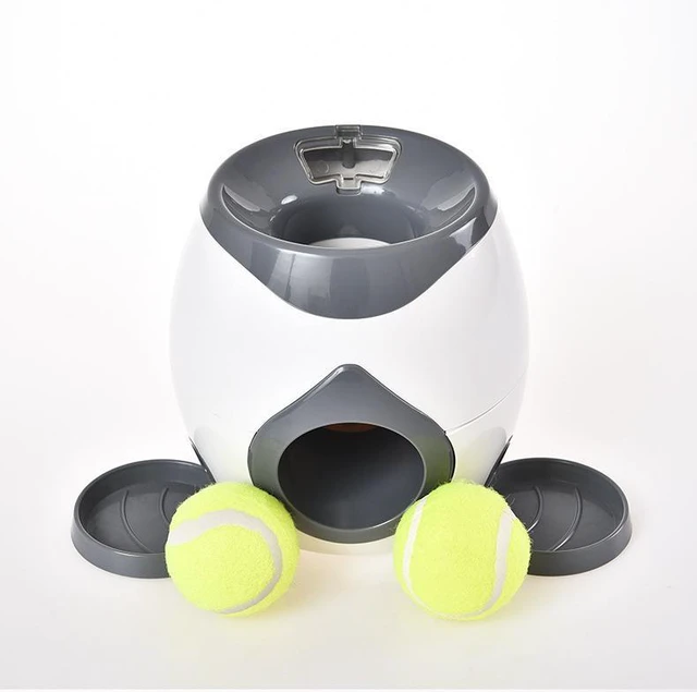 Alt view image 4 of 6 - SOEWIOU Dark Gray Dog Interactive Training Reward Machine, 2-in-1 Automatic Tennis Ball Launcher & Treat Dispenser, Pet Feeder Chew Toy with 2 Tennis Balls for Indoor Outdoor