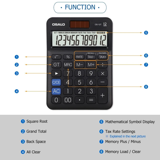 Alt view image 13 of 14 - SOEWIOU Pocket Small Size Desk Calculator, 12 Digit Large LCD Display, Basic Tax Function Handheld Desktop Calculator with Solar Battery Dual Power, Perfect for Office, School, Business OS-12T (Black)