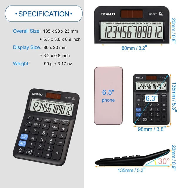 Alt view image 12 of 14 - SOEWIOU Pocket Small Size Desk Calculator, 12 Digit Large LCD Display, Basic Tax Function Handheld Desktop Calculator with Solar Battery Dual Power, Perfect for Office, School, Business OS-12T (Black)