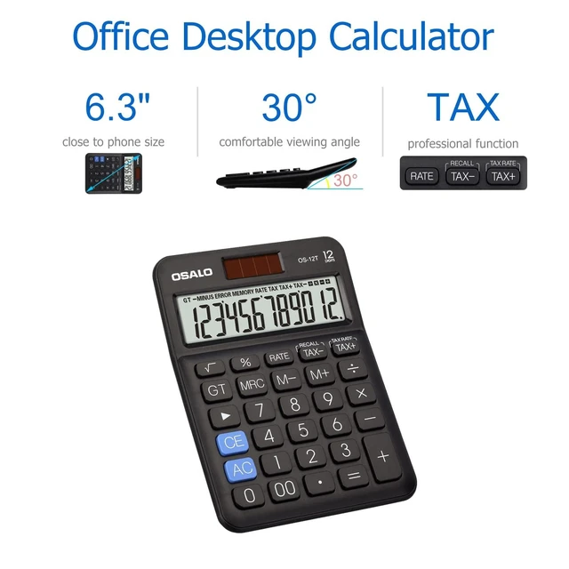 Alt view image 11 of 14 - SOEWIOU Pocket Small Size Desk Calculator, 12 Digit Large LCD Display, Basic Tax Function Handheld Desktop Calculator with Solar Battery Dual Power, Perfect for Office, School, Business OS-12T (Black)