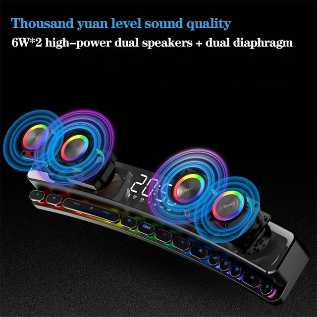 Alt view image 11 of 14 - SOEWIOU Bluetooth Speaker Wireless Game Speaker soundbar USB 3D Stereo Subwoofer AUX FM Home Clock Indoor Bluetooth Sound Bar Computer Loudspeaker 3600mAh (Luxury Black)