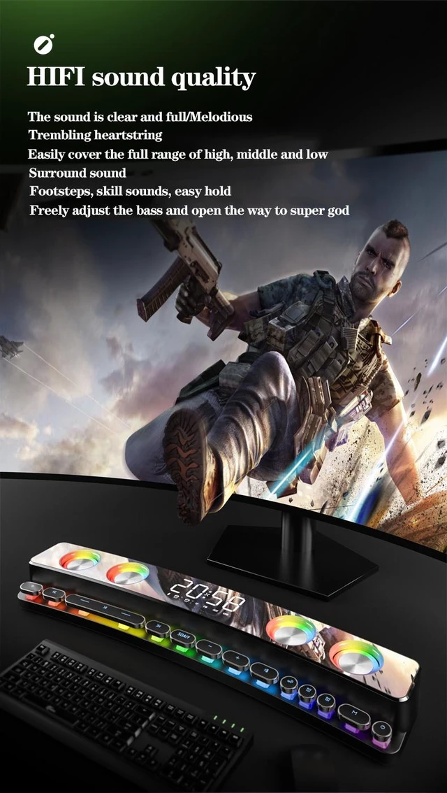 Alt view image 12 of 14 - SOEWIOU Bluetooth Speaker Wireless Game Speaker soundbar USB 3D Stereo Subwoofer AUX FM Home Clock Indoor Bluetooth Sound Bar Computer Loudspeaker 3600mAh (Luxury Black)
