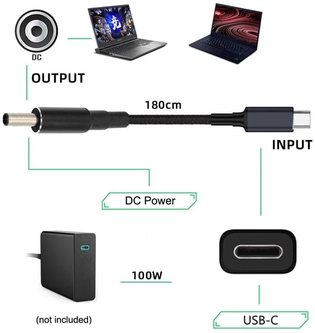 Alt view image 13 of 14 - USB-C 100W 20V Input to DC 4.5 * 3.0mm PD Power 65W Output Charge Cable Support QC PD Type-C Compatible with DELL-Laptop (1.8m)