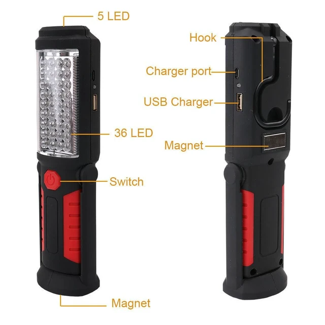 Alt view image 9 of 14 - SOEWIOU 36+5 LED COB Inspection Light, USB Rechargeable Handheld Work Flashlight, Magnetic Base Foldable Stand Emergency Lamp, Portable Auto Repair Working Light