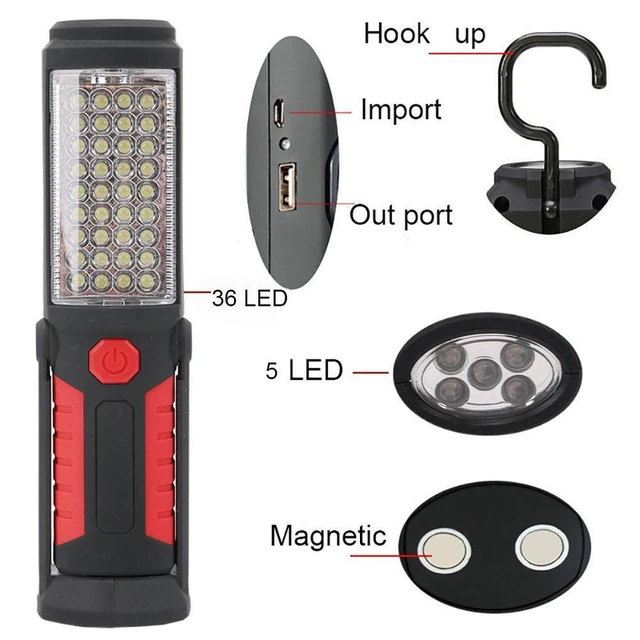 Alt view image 10 of 14 - SOEWIOU 36+5 LED COB Inspection Light, USB Rechargeable Handheld Work Flashlight, Magnetic Base Foldable Stand Emergency Lamp, Portable Auto Repair Working Light