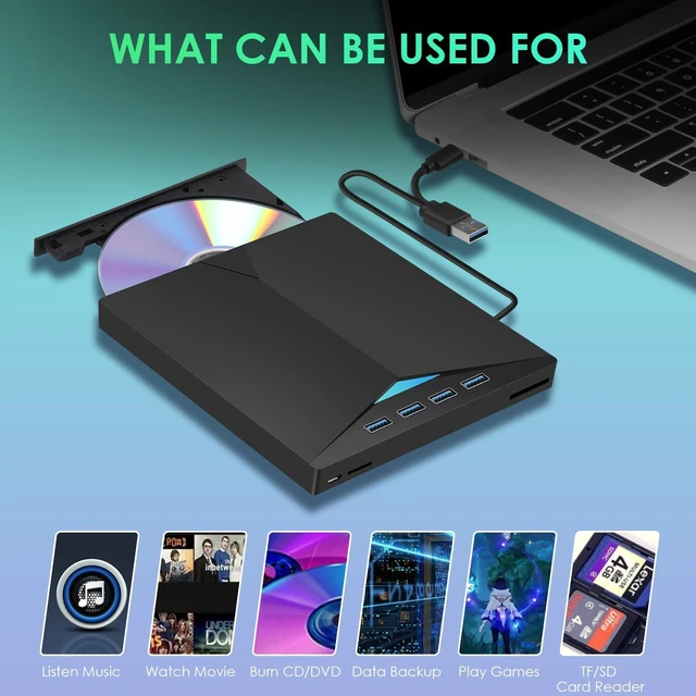 Alt view image 8 of 10 - Hcsunfly External CD/DVD Drive for Laptop, Type-C CD/DVD Player USB 3.0 Portable Burner Writer Reader Compatible with Mac MacBook Pro/Air iMac Desktop Windows 7/8/10/XP/Vista (7 in 1)