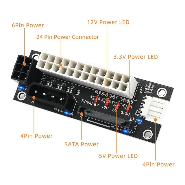 Alt view image 5 of 6 - Dual PSU Power Adapter ATX 24Pin to Molex 4Pin/SATA/6Pin Power Supply Board Sync Extender Cable Add2psu for Graphics Card Mining