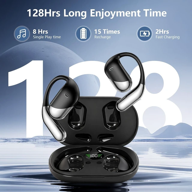 Alt view image 7 of 10 - Open Ear Bone Conduction Headphones,Over Ear Earbuds with Ergonomic Earhook,Bluetooth Headphones 5.4 with Smart Digital Display,50H Playtime,IPX7 Waterproof,Touch Control Operate Fit Cycling Running