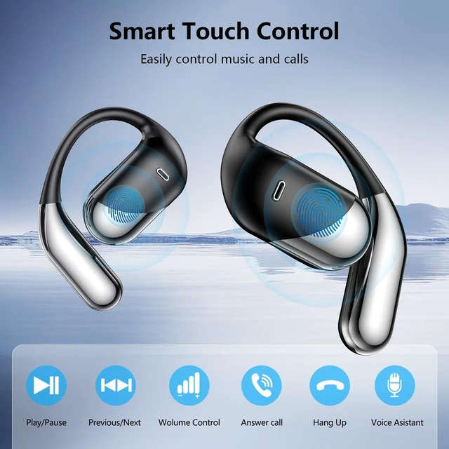 Alt view image 10 of 10 - Open Ear Bone Conduction Headphones,Over Ear Earbuds with Ergonomic Earhook,Bluetooth Headphones 5.4 with Smart Digital Display,50H Playtime,IPX7 Waterproof,Touch Control Operate Fit Cycling Running