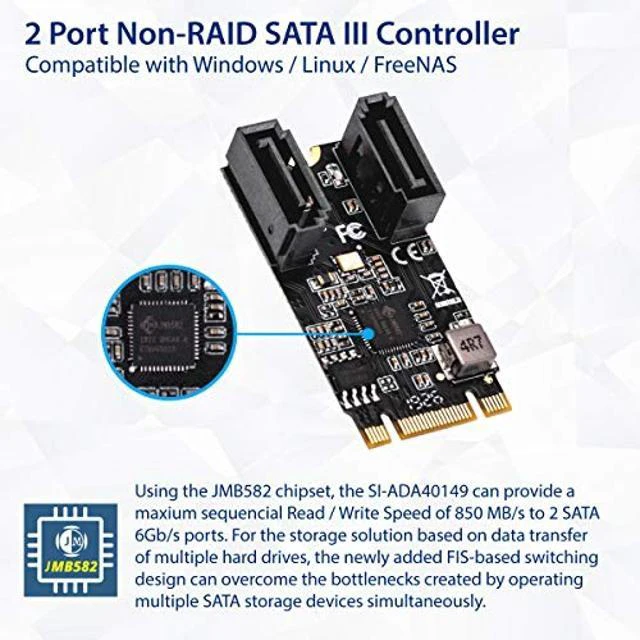 Alt view image 7 of 8 - IO CREST M.2 B+M Key to SATA III 2 Ports Expansion Card Jmicro JMB582 Chipset, Add Two SATA 3.0 Devices to Any M.2 2242 Slot SI-ADA40149