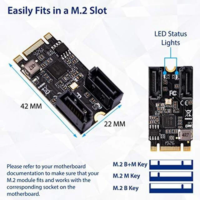 Alt view image 8 of 8 - IO CREST M.2 B+M Key to SATA III 2 Ports Expansion Card Jmicro JMB582 Chipset, Add Two SATA 3.0 Devices to Any M.2 2242 Slot SI-ADA40149