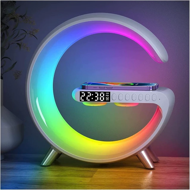 Alt view image 8 of 14 - Bobobigo Smart LED Table Lamp, 4-in-1 Wireless Charger, Night Light, Alarm Clock, and Bluetooth Speaker with App Control for Bedroom, Office, and Home Decor (White)