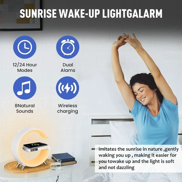 Alt view image 11 of 14 - Bobobigo Smart LED Table Lamp, 4-in-1 Wireless Charger, Night Light, Alarm Clock, and Bluetooth Speaker with App Control for Bedroom, Office, and Home Decor (White)