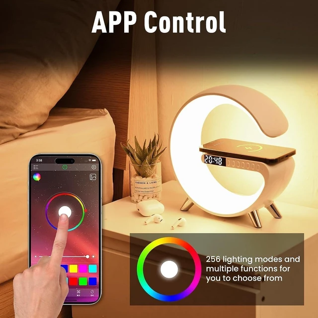 Alt view image 12 of 14 - Bobobigo Smart LED Table Lamp, 4-in-1 Wireless Charger, Night Light, Alarm Clock, and Bluetooth Speaker with App Control for Bedroom, Office, and Home Decor (White)