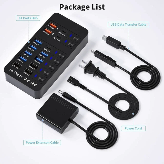Alt view image 14 of 14 - Powered USB 3.0 Hub, 14 Ports USB Splitter Hub (10 Faster Data Transfer Ports + 4 Smart USB Charging Port) USB Hub with LED Individual On/Off Switches for PC, Laptop, Desktop