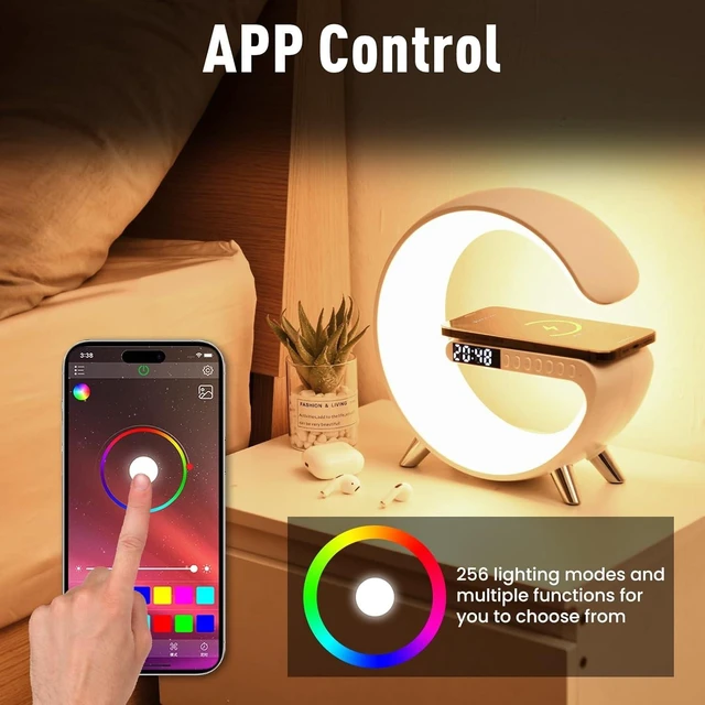 Alt view image 11 of 14 - Bobobigo Smart LED Table Lamp, 4-in-1 Wireless Charger, Night Light, Alarm Clock, and Bluetooth Speaker with App Control for Bedroom, Office, and Home Decor (Black)