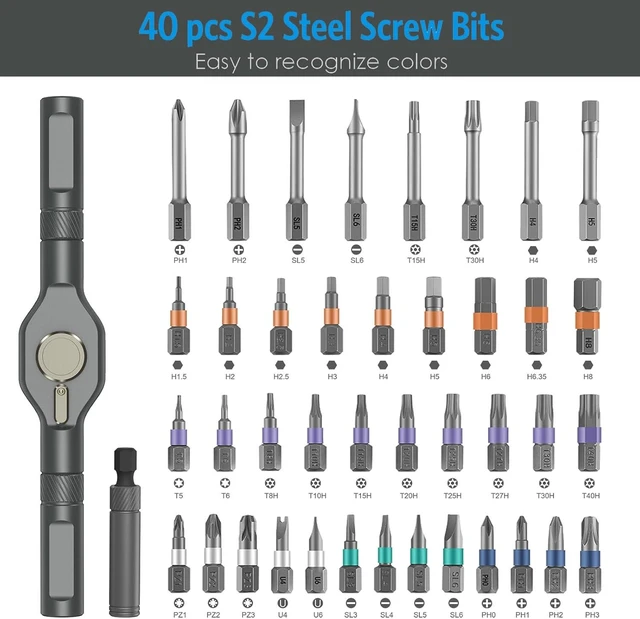 Alt view image 12 of 14 - 42 in 1 Ratchet Screwdriver Kit with 40 PCS Magnetic Bits Repair Screwdriver Set with Rotatable Ratchet Handle Versatile Handle Screw Driver Set with Carry Case(Gray)