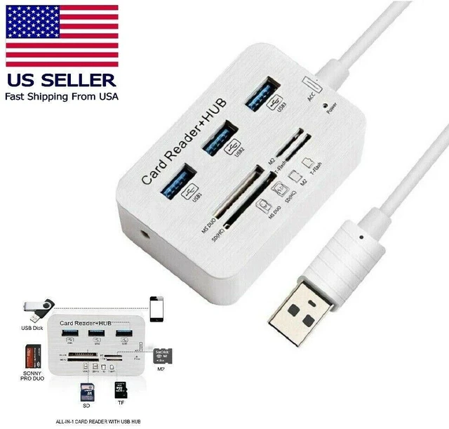 Alt view image 13 of 13 - Aluminum 3 Port USB 3.0 Hub MS SD M2 TF Multi-In-1 Memory Card Reader Adapter US