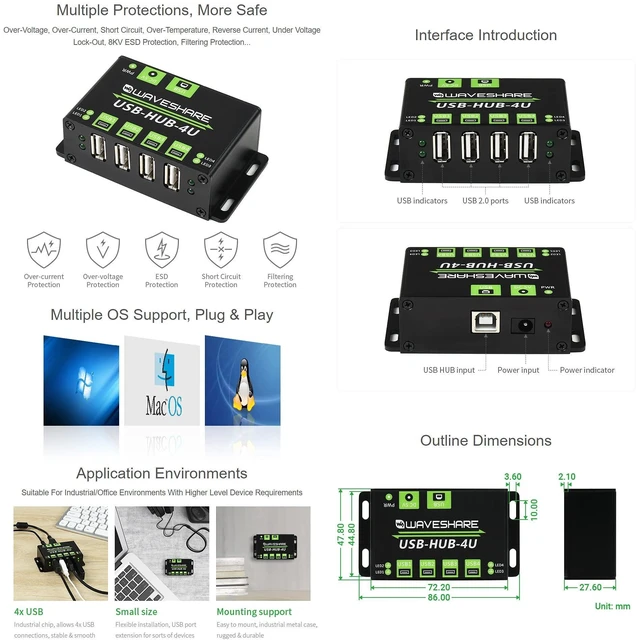 Alt view image 9 of 10 - Waveshare Industrial Grade USB HUB Extending 4X USB 2.0 Ports Suitable for Industrial/Office Environments with Higher Level Device Requirements Without Power Supply