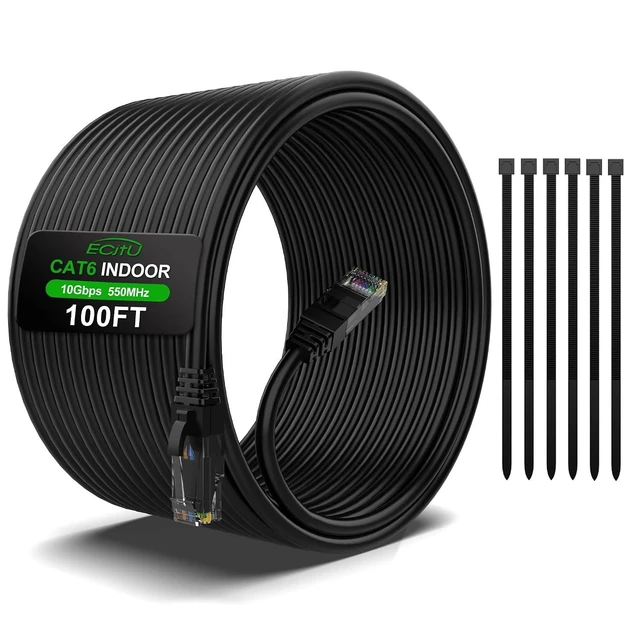 Alt view image 7 of 12 - 100 Feet Cat6 Ethernet Cable, Cat 6 Patch Cable, Cat6 Internet Cable, POE, UTP Network Cable, Indoor and Outdoor, 24AWG CCA, Compatible for PC, TV, Router, Switch, Server, with 25 Cable Ties - Black