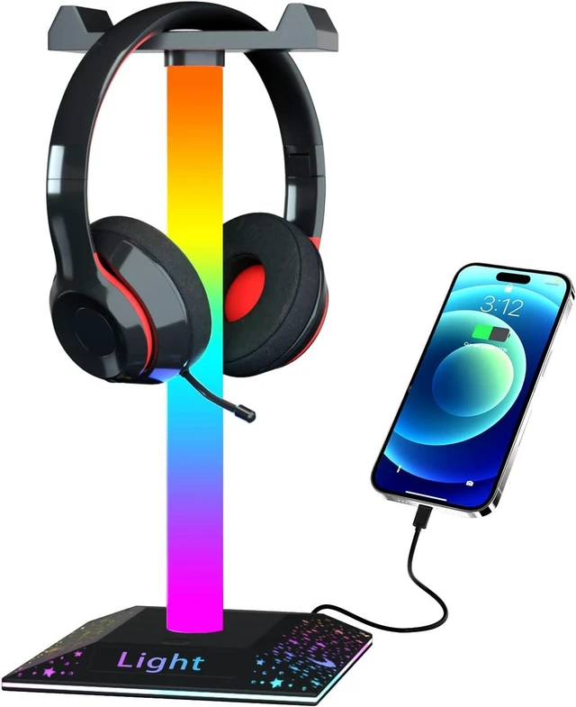 Alt view image 7 of 12 - RGB Headset Stand Desk Accessories Headphone Holder with 1 Type-C Port and 1 USB Port Headphone Stand with 10 Light Modes and Non-Slip Rubber Best Gift for Husband Kids Boyfriend