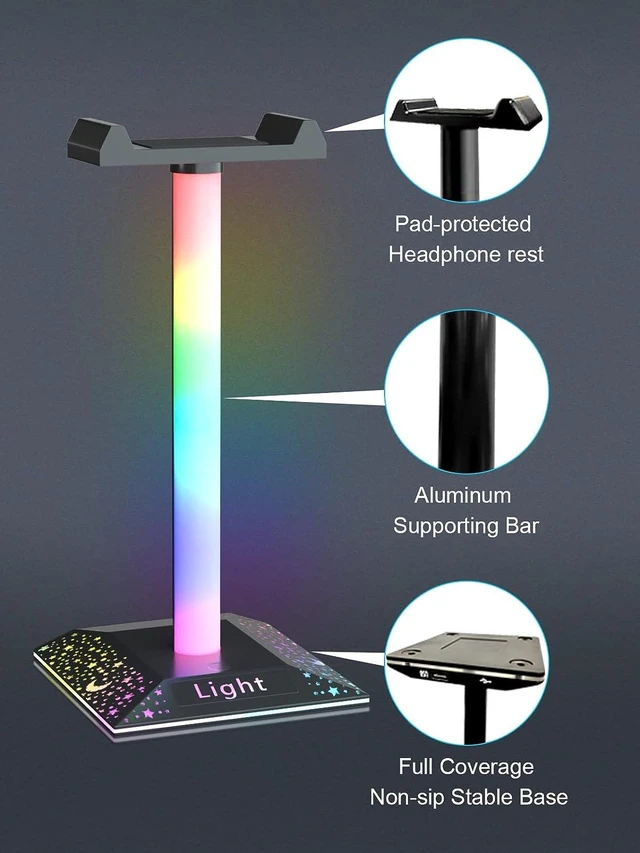 Alt view image 9 of 12 - RGB Headset Stand Desk Accessories Headphone Holder with 1 Type-C Port and 1 USB Port Headphone Stand with 10 Light Modes and Non-Slip Rubber Best Gift for Husband Kids Boyfriend
