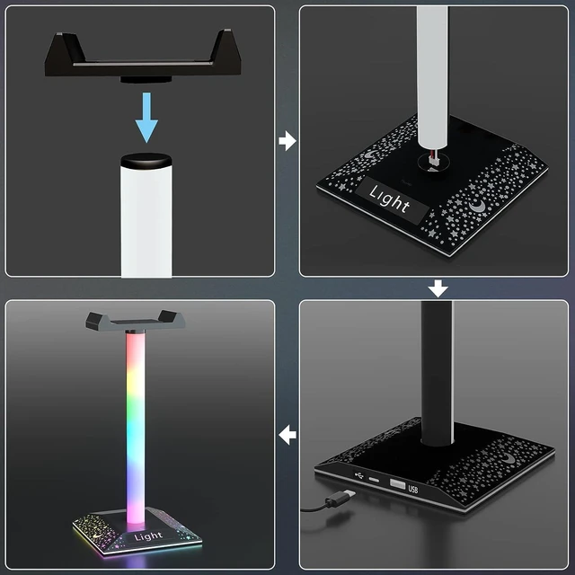 Alt view image 12 of 12 - RGB Headset Stand Desk Accessories Headphone Holder with 1 Type-C Port and 1 USB Port Headphone Stand with 10 Light Modes and Non-Slip Rubber Best Gift for Husband Kids Boyfriend