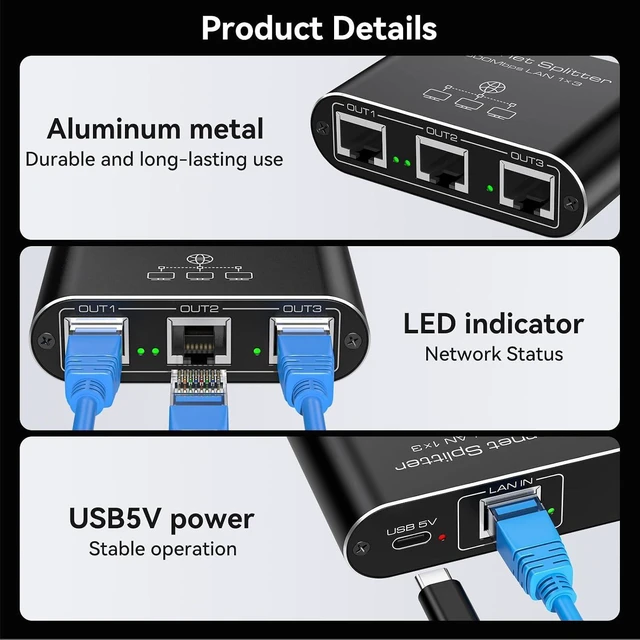 Alt view image 13 of 14 - Ethernet Splitter 1 to 3 1000Mbps High Speed Internet Splitter LAN Splitter Ethernet Switch Either Network Splitter Supports Simultaneous Networking of 3 Devices Works with Cat6/7/8 Cables