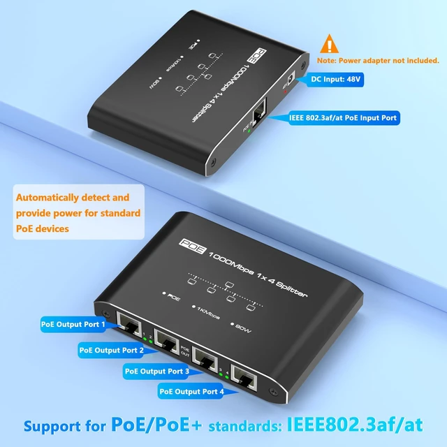 Alt view image 10 of 10 - PoE Splitter 1 in 4 Out, Gigabit 4 Port PoE Switch, IEEE 802.3at/af Compliant, 30W per Port Power Over Ethernet Hub for IP Cameras/APVoIP Phones (328 Ft), PoE+ Splitter for Cat5e/6/7/8 Cable