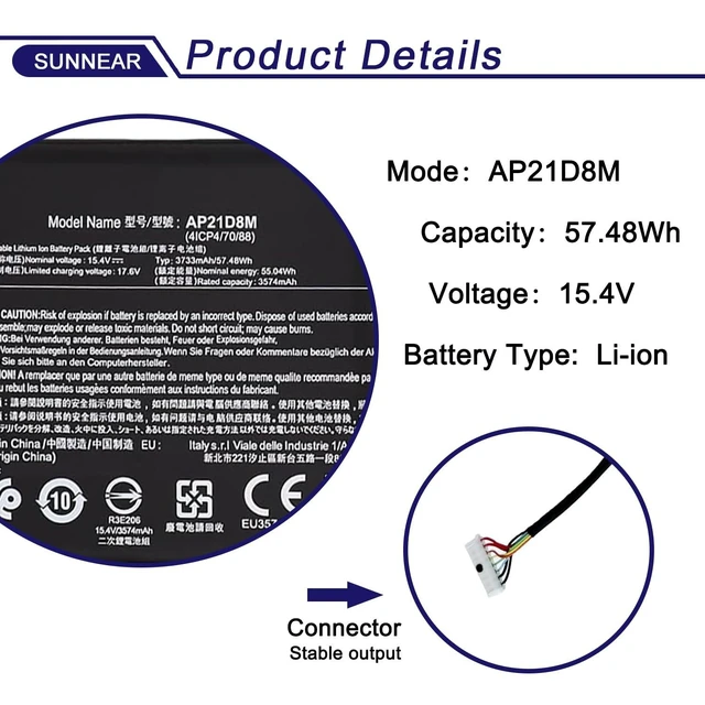 Alt view image 12 of 12 - SUNNEAR AP21D8M Laptop Battery Replacement for Acer Nitro 5 AN515-46 AN515-47 AN515-58 AN515-58-56CL AN515-58-766R AN515-58-72QR, Nitro V 15 ANV15-51, Nitro 16 AN16-51 745