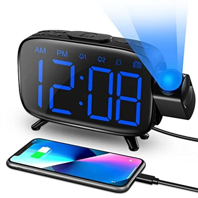 Alt view image 6 of 10 - Digital Alarm Clock, AKKIGL Alarm Clocks for Bedrooms with FM Radio and USB Charger, Projection Alarm Clock with Dual Alarms, 7 Sounds, Snooze, Dimmable Large LED Display Clock for Kids Teens Adults