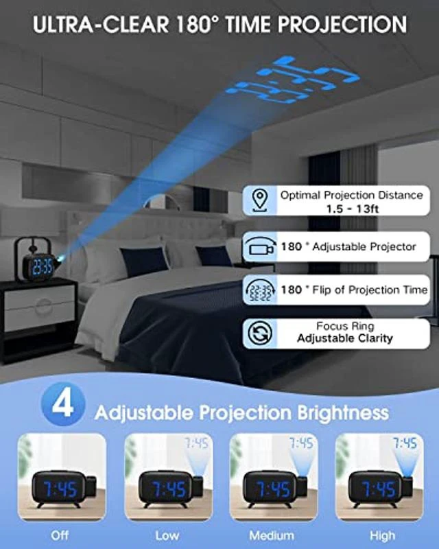 Alt view image 7 of 10 - Digital Alarm Clock, AKKIGL Alarm Clocks for Bedrooms with FM Radio and USB Charger, Projection Alarm Clock with Dual Alarms, 7 Sounds, Snooze, Dimmable Large LED Display Clock for Kids Teens Adults