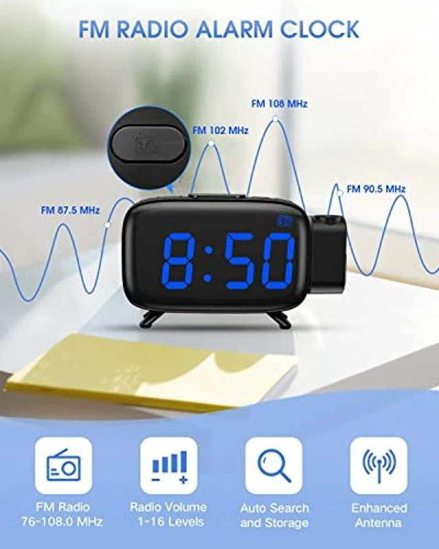 Alt view image 9 of 10 - Digital Alarm Clock, AKKIGL Alarm Clocks for Bedrooms with FM Radio and USB Charger, Projection Alarm Clock with Dual Alarms, 7 Sounds, Snooze, Dimmable Large LED Display Clock for Kids Teens Adults
