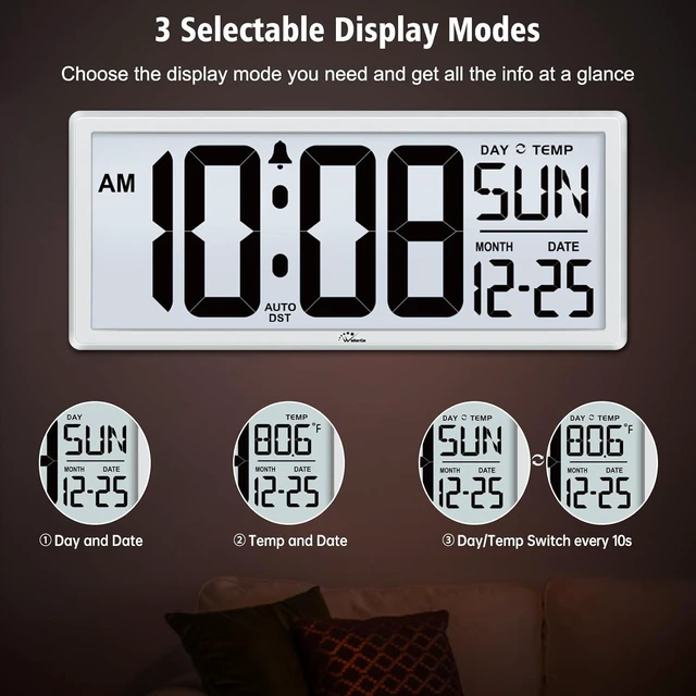 Alt view image 11 of 14 - WallarGe Backlight Digital Wall Clock Battery Operated - with Temperature and Date 14.5'' Large Digital Wall Clock, Easy to Read and Set, Auto DST