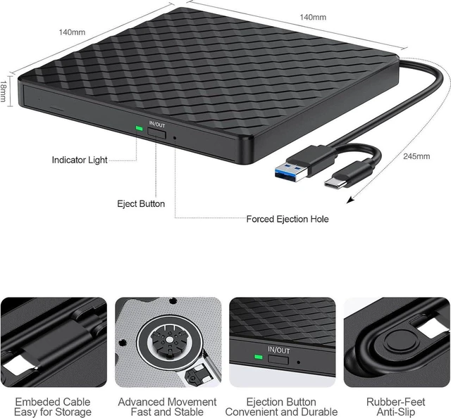 Alt view image 2 of 7 - External CD/DVD Drive for Laptop, USB 3.0 CD DVD +/-RW Drive Burner DVD Player, External CD ROM Reader Writer Optical Drive Compatible with Laptop PC Mac MacBook Windows 11/10/8.1/7 Linux