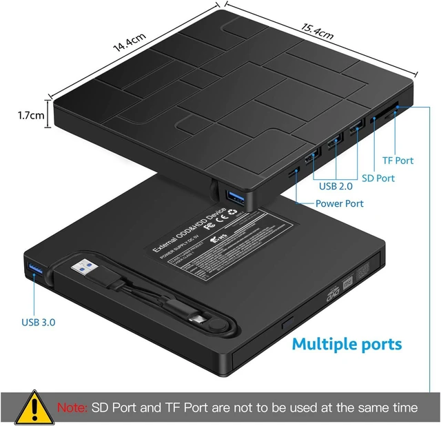Alt view image 2 of 6 - External DVD Drive, USB 3.0 Type-C DVD Player with 4 USB Ports and SD Readers for Laptop, Portable Disk Drive CD ROM Writer Burner Compatible with Laptop Desktop PC Windows MacBook Mac Linux Mac OS
