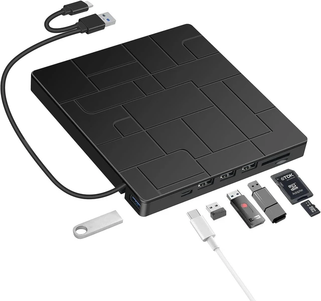 Main image of External DVD Drive, USB 3.0 Type-C DVD Player with 4 USB Ports and SD Readers for Laptop, Portable Disk Drive CD ROM Writer Burner Compatible with Laptop Desktop PC Windows MacBook Mac Linux Mac OS