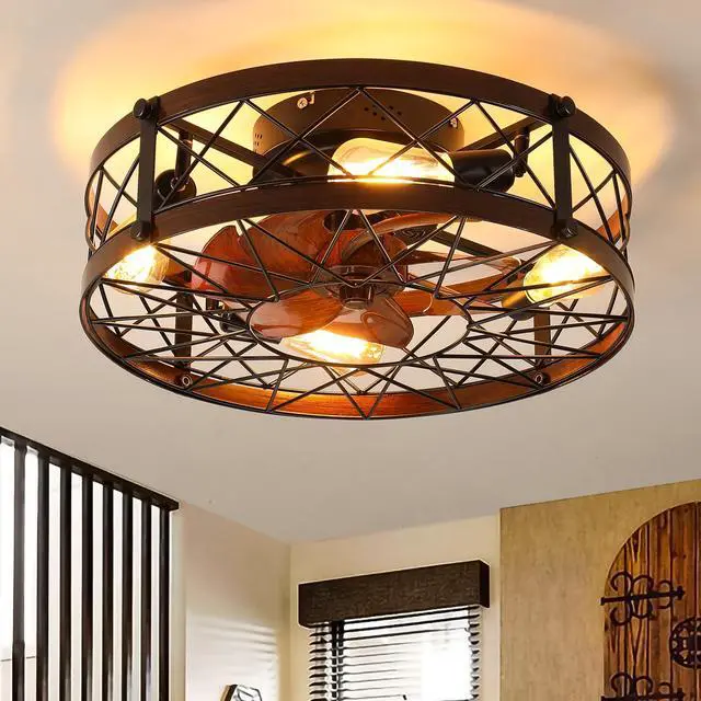 Main image of Caged Ceiling Fans with Lights Black, 20 inch Flush Mount Ceiling Fan Light, Farmhouse Small Ceiling Fan with Light Fixture, Reversible Fan for Bedroom (Including E26 bulbs)