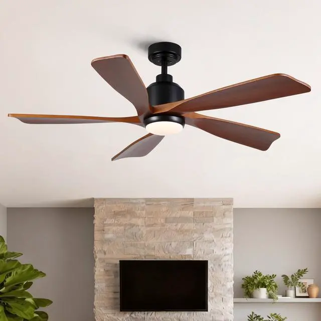 Main image of 52 inch Modern Farmhouse Solid Wood Black Ceiling Fan with Light, Quiet DC Motor