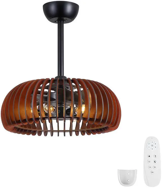 Main image of 20" Pumpkin Wood Ceiling Fan, Rustic Farmhouse Plywood Fandelier with 6 E12 Sockets, Reversible DC Motor, Adjustable Hanging, 6 Speeds Remote Control Ceiling Fan for Dining Room Kitchen