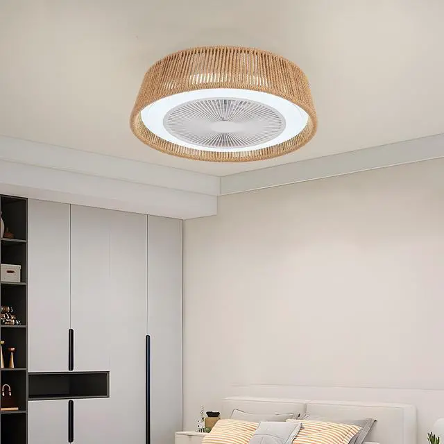Main image of 21" Modern Rustic Ceiling Fan Light with LED RGB Mood Lighting, Rope Woven Design, Quiet Fan, Semi Flush Mount for Bedroom, Living Room, or Dining Room ((Silent/6-Speed/Reversible/DC Motor))