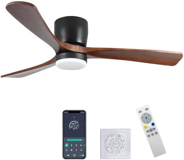 Main image of 52 inch Black Wood Ceiling Fans with Lights and Remote, Modern Flush Mount Low Profile Ceiling Fan with Light, 6 Speed, Reversible DC Motor, for Bedroom/Outdoor/Farmhouse/Patios