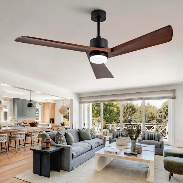Main image of 60 Inch Ceiling Fan with Light and Remote, 3 Walnut Solid Wood Blades, Quiet DC Motor, 6-Speed 5000 CFM, Dimmable 3-Color LED with Memory, Timer, and Reversible Function for Living Room, Bedroom