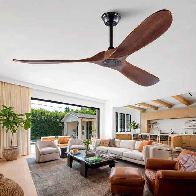 Main image of 60" Solid Wood Ceiling Fan, Outdoor, 3 Blade, No Light, Walnut, for Patio Living Room Bedroom Porch, Remote Control, Water Resistant