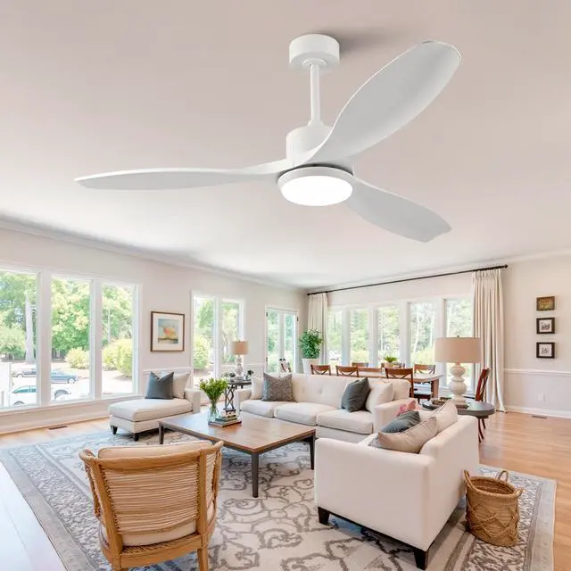 Main image of Best-selling 52-inch modern white ceiling fan with light, featuring 3 ABS plastic blades, remote control operation, reversible DC motor, and dimmable LED lighting.