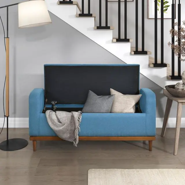 Alt view image 3 of 7 - Mid-Century Modern Lift Top Storage Bench 1pc Tufted Blue Upholstered Solid Wood Walnut Finish Wooden Furniture