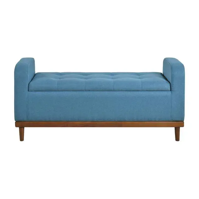Alt view image 4 of 7 - Mid-Century Modern Lift Top Storage Bench 1pc Tufted Blue Upholstered Solid Wood Walnut Finish Wooden Furniture